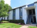 Exterior view of a multi-Gathering residential building featuring blue and white paint, green foliage, and stairs at 224 Cypress Ln # 224, Oldsmar, FL 34677