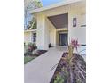 Eye-catching home entrance with stylish accent lighting, lush landscaping, and a covered entryway at 2869 Thistle N Ct, Palm Harbor, FL 34684