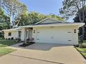 Inviting home exterior featuring a two-car garage, manicured lawn, and lush landscaping at 2869 Thistle N Ct, Palm Harbor, FL 34684