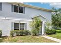 Close-up of townhome with grey trim, shutters, and flower bushes around the front door at 7303 E Bank Dr, Tampa, FL 33617