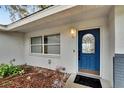 Close up of a bright blue front door and sidelight, accented by decorative plants and a brick base at 828 Bayshore Dr, Tarpon Springs, FL 34689
