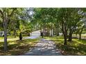 Exterior home view surrounded by trees and large front yard and lengthy driveway at 1691 Ridge Top Dr, Tarpon Springs, FL 34688