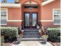 Elegant home entrance with a decorative double door, brick steps, and potted plants at 5920 30Th S Ct, St Petersburg, FL 33712