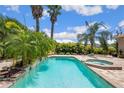 Beautiful backyard with a refreshing pool and spa, complemented by lush tropical landscaping at 9916 Preakness Stakes Way, Dade City, FL 33525