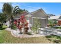 Charming single-Gathering home featuring a well-maintained lawn, a two-car garage, and colorful tropical landscaping at 11841 Whisper Creek Dr, Riverview, FL 33569