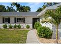 Inviting front entrance with a walkway, lush green shrubs, and a freshly painted white exterior with black shutters at 1698 Eden Ct, Clearwater, FL 33756