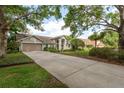 Well-maintained home features a long driveway and beautiful landscaping, enhancing its curb appeal at 18106 Woodcreek Pl, Lutz, FL 33548