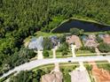 Overhead shot of a neighborhood showcasing properties with pools and water views, nestled alongside a lush green forest at 4848 Quill Ct, Palm Harbor, FL 34685