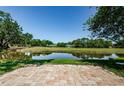 Scenic backyard view featuring a serene pond, lush greenery, and a beautiful brick-paved patio for outdoor enjoyment at 70 Ashley Ln, Oldsmar, FL 34677