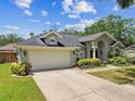 Lovely single-story home featuring a well-manicured front yard, two-car garage, and lush landscaping at 16608 Meadow Cove St, Tampa, FL 33624