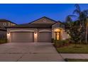 Charming exterior view of a single-story home with a three-car garage, showcasing its curb appeal at dusk at 11407 Acacia Grove Ln, Riverview, FL 33579