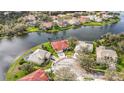 Panoramic aerial shot showcasing the property's lakefront location and well-maintained landscaping at 18002 Forest Retreat Ln, Tampa, FL 33647