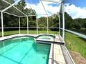 Relaxing screened-in pool and spa with clear blue water, set against a backdrop of mature trees at 28451 Great Bend Pl, Wesley Chapel, FL 33543