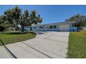 Exterior of light blue home with a long driveway, green grass, and large shade tree at 3841 Wahoo Se Dr, St Petersburg, FL 33705