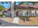 Single story home with a brown roof, a sidewalk leading to the front door, partially shaded by a mature tree at 12425 Touchton Dr # 77, Tampa, FL 33617