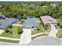 Beautiful aerial shot of a home with mature trees and landscaping, nestled in a serene neighborhood close to water at 3159 Marisa Pl, Holiday, FL 34691