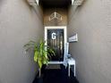 Covered front entry features a welcome mat, potted plant, and charming seasonal decor at 33034 Sand Creek Dr, Wesley Chapel, FL 33543