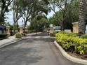 Gated entrance to a deed-restricted community with lush landscaping and mature trees at 8013 Savannah Sunset Ln, Tampa, FL 33615