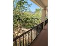 View from balcony overlooking a lush courtyard with mature trees and a painted railing at 120 S Church Ave # 207, Tampa, FL 33609