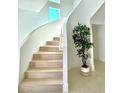 Modern staircase with light wood treads and a curved white wall, accented by a potted plant at 4321 S Renellie Dr, Tampa, FL 33611