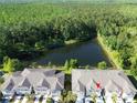 Aerial view of community with lake and wooded area behind home at 5509 Cumberland Star Ct, Lutz, FL 33558