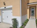 Close-up of home exterior with a one car garage, landscaping and front door at 5509 Cumberland Star Ct, Lutz, FL 33558