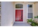 Red front door with decorative glass at 9211 Everwood Ct, Tampa, FL 33647