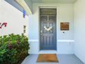 Inviting front entrance featuring a stylish dark blue door with a floral wreath and a charming mailbox at 7591 Cypress Walk Dr, New Port Richey, FL 34655