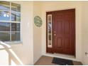 Inviting front entrance with a classic door, decorative window, and charming welcome sign at 10534 Collar Dr, San Antonio, FL 33576
