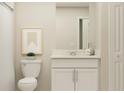 Bright bathroom features a stylish vanity, mirror, and decorative artwork above the toilet at 13511 White Gold Run, Parrish, FL 34219