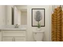 Neutral bathroom with white cabinets, white marble countertop, and decorative nature-themed artwork at 10865 Rustic Eve Ct, Land O Lakes, FL 34638