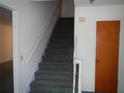 Carpeted staircase with white railing and a bright orange door that provides access to the upstairs bedrooms at 14614 Lake Magdalene Cir, Tampa, FL 33613