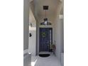 Welcoming front door with decorative wreath, overhead light fixture, and sidelight window at 10007 Coldwater Loop, Land O Lakes, FL 34638