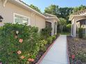 Landscaped walkway with vibrant flowers leading to the screened in patio at 29823 Ganga Way, Wesley Chapel, FL 33543