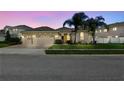 Beautiful single-Gathering home, well-manicured lawn, mature palm trees, and a three-car garage at dusk at 8628 Eagle Brook Dr, Land O Lakes, FL 34638