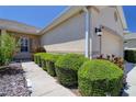 Close up of the front exterior with neatly trimmed green bushes and tropical plants at 1023 Orca Ct, Holiday, FL 34691