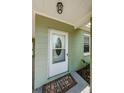 Close-up of front door features white frame, patterned glass window, and small welcome mat at 3216 W Paxton Ave, Tampa, FL 33611