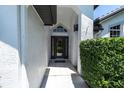 Close-up of the home's entryway, showcasing a modern glass front door and tiled walkway at 865 Live Oak Ne Ter, St Petersburg, FL 33703