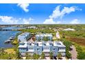 Aerial view of blue condos by the water, surrounded by lush greenery and a clear blue sky above at 1134 Starfish Ln, Tarpon Springs, FL 34689