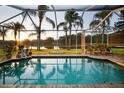 Enclosed pool with lush landscaping and palm trees reflected in the water at 12918 Royal George Ave, Odessa, FL 33556