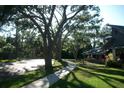 A sidewalk runs alongside a home showcasing lush landscaping and mature trees at 7033 123Rd St, Seminole, FL 33772