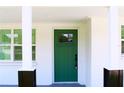 Inviting entryway featuring a green front door with a window and white pillars in a well-lit space at 8817 Audrey Ln, Tampa, FL 33615