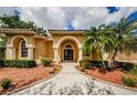 Close-up of the front entrance with well-maintained landscaping and decorative lights at 2042 Diamond Ct, Oldsmar, FL 34677