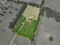 Aerial view of the acreage, showing a fenced-in area and barns surrounded by trees at 35657 Ashley Ln, Dade City, FL 33523