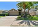 Inviting home featuring a lush lawn, mature trees, and a two-car garage at 11506 Mansfield Point Dr, Riverview, FL 33569