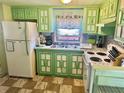 Well-lit kitchen showcasing mint green cabinets, a double basin sink, and essential appliances at 9790 66Th N St # 80, Pinellas Park, FL 33782