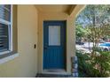 Inviting blue front door with secure lock, and stone porch base at 256 Castlekeeper Pl, Valrico, FL 33594