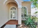 Inviting front entrance with a glass door, arched window, and decorative accents, framed by a well-maintained garden at 13421 Sydney Rd, Valrico, FL 33594