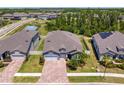 An aerial view of a landscaped single Gathering home with a brick paver driveway nestled in a community surrounded by trees at 19204 Briarbrook Dr, Tampa, FL 33647