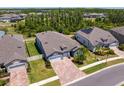 An aerial view of a landscaped single Gathering home with a brick paver driveway nestled in a community surrounded by trees at 19204 Briarbrook Dr, Tampa, FL 33647